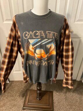 Cage the Elephant Upcycled Graphic T-Shirt with Flannel Sleeves - OSFM